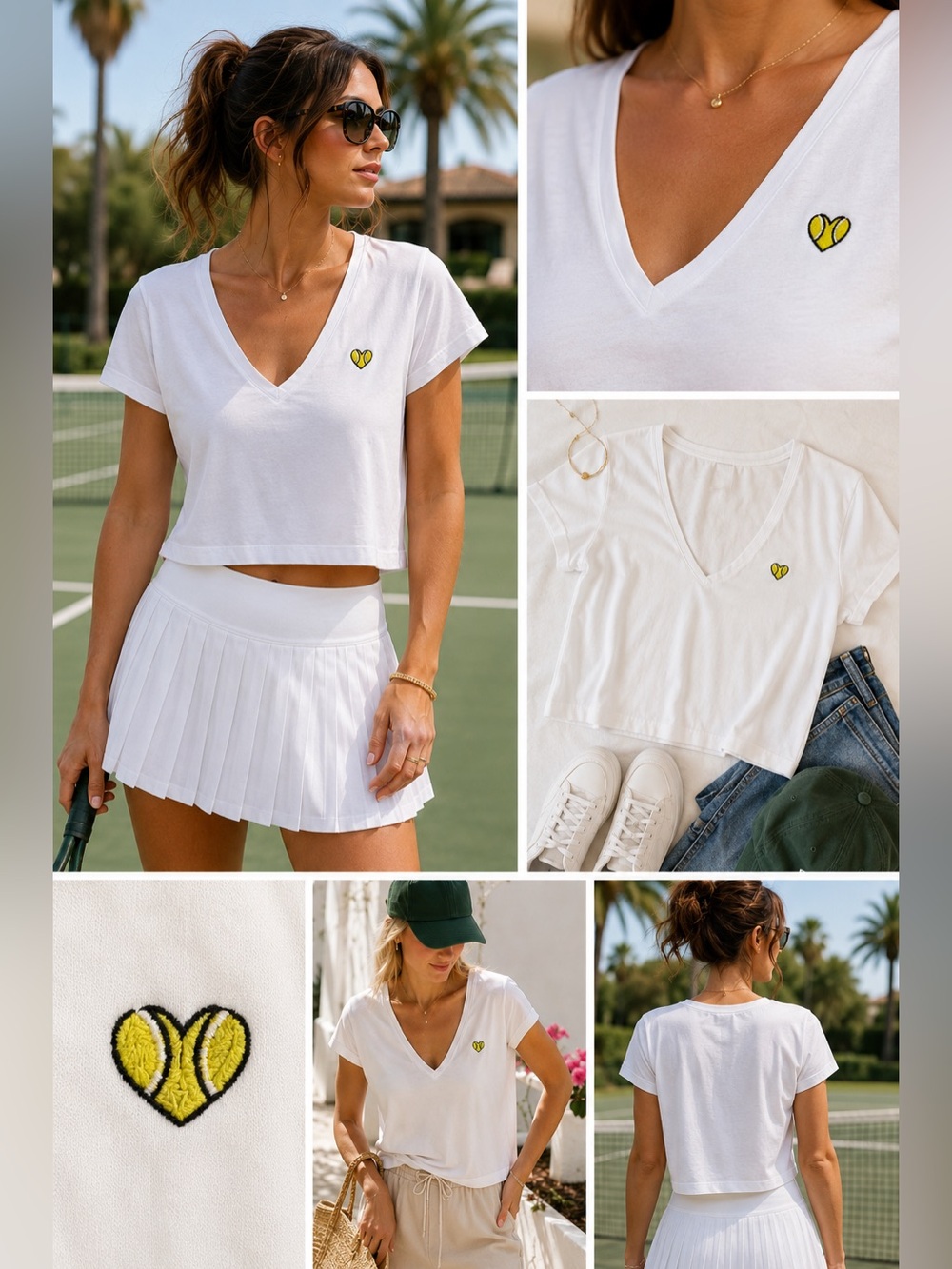 Maeve Anthrop Tennis Embroidered Tee Large Cropped V-Neck Cotton Graphic T-Shirt